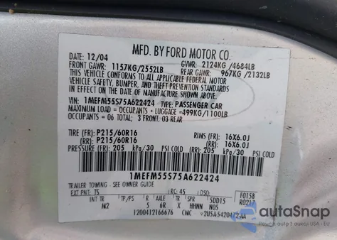 2005 Mercury Sable Ls from USA, damaged, VIN 1MEFM55S75A622424